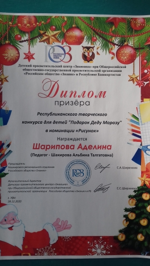 Шарипова АделинаДиплом призера  "Подарок Деду Морозу"